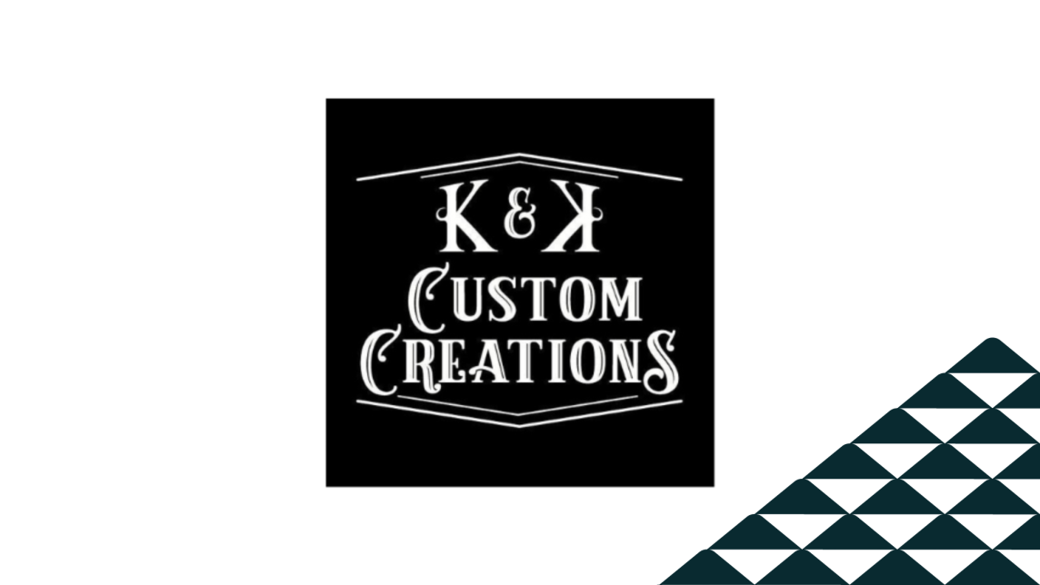 The K & K Custom Creations logo next to a soccer-ball patterned mountain.