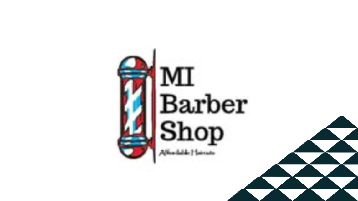 The MI Barber Shop logo next to a soccer-ball patterned mountain.