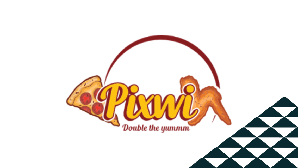 The Pixwi logo, featuring a pizza slice and chicken wing, next to a soccer-ball patterned mountain.