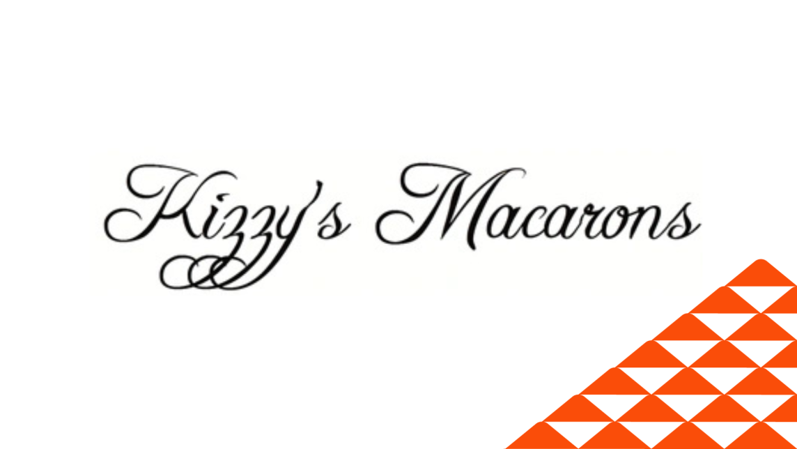 The Kizzy's Macarons logo next to a soccer-ball patterned mountain.