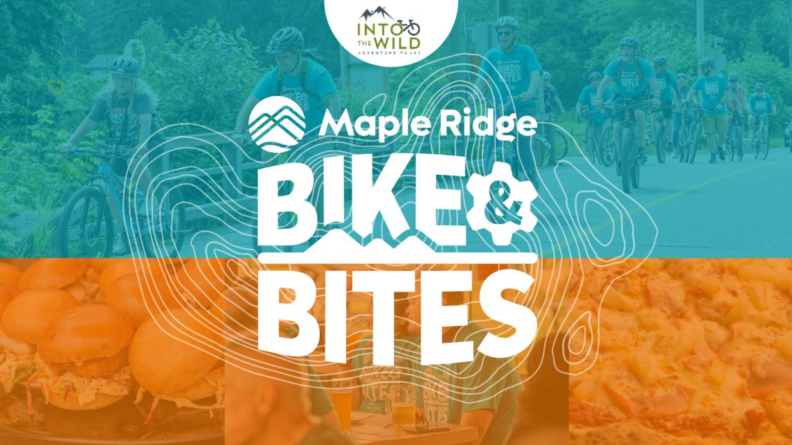 White text saying "Bike & Bites" sits overtop of a collage where the top half is blue, featuring active bikers, while the bottom is orange featuring food and dining.