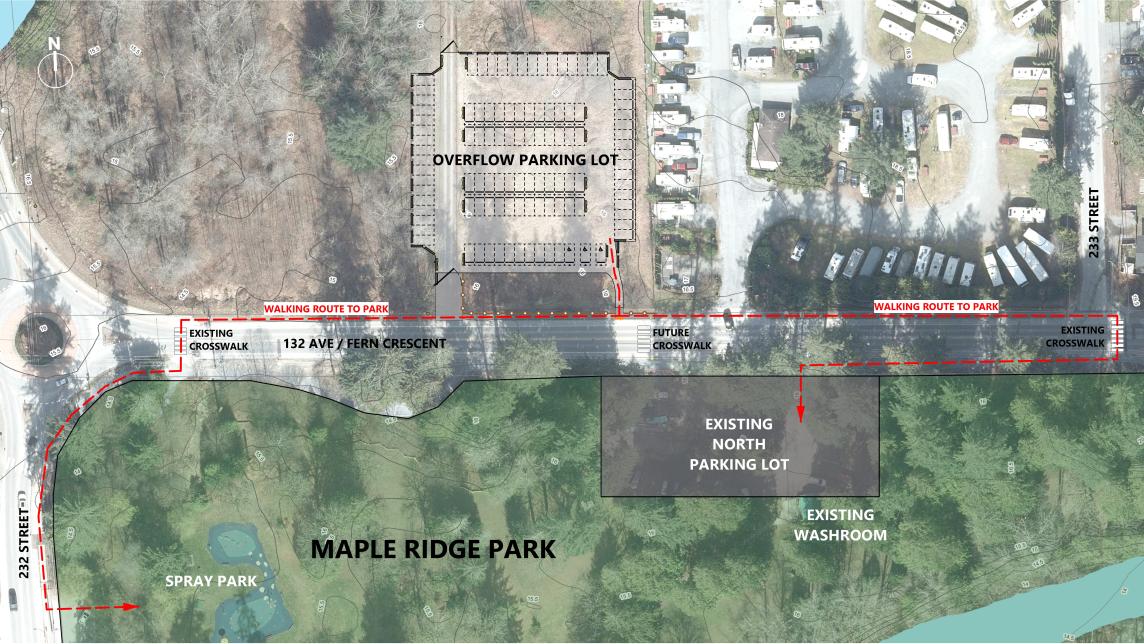 Plan showing new overflow parking in relationship to maple ridge park with pedestrian access route shown.