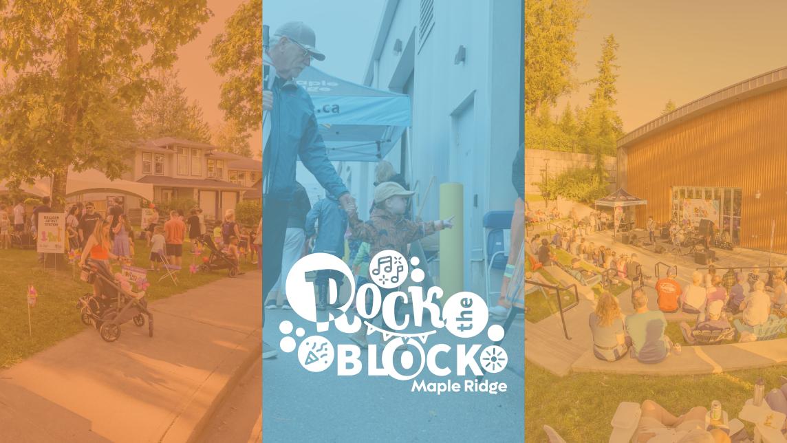 A white Rock the Block logo sits on top of three colour-tinted photos showcasing a park party, the Albion Community Centre, and the Public Works Operations Yard.
