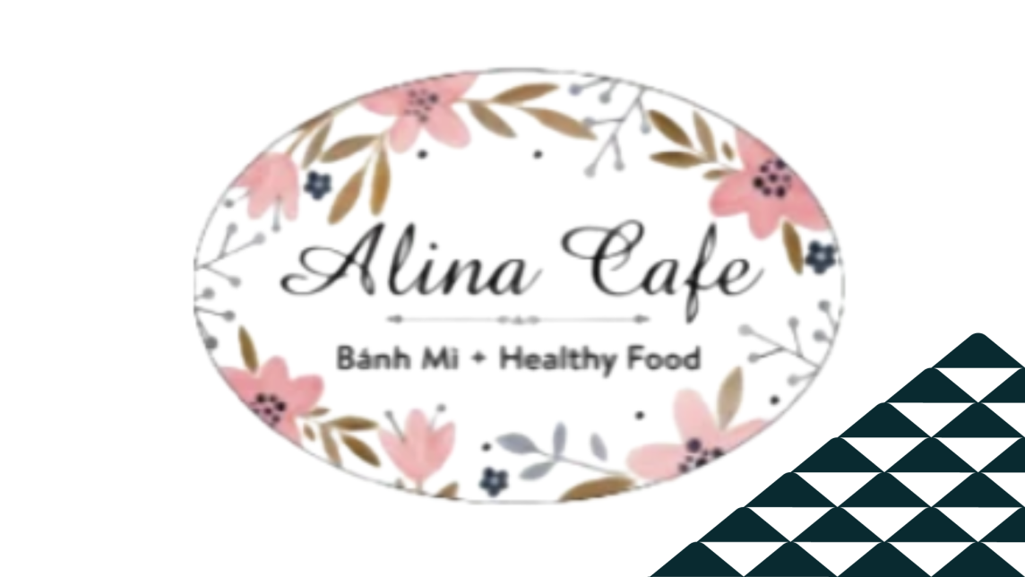 The logo for Alina Cafe Banh Mi and Healthy Food next to a soccer-ball patterned mountain.