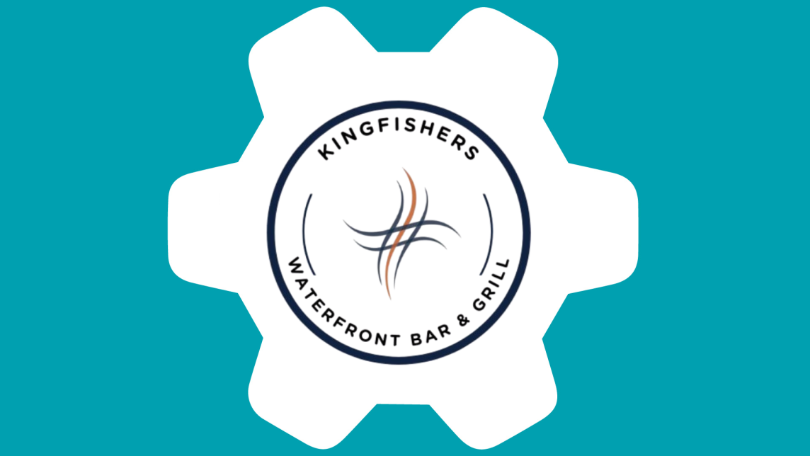 The Kingfishers Waterfront Bar & Grill logo inside a white gear on a teal background.