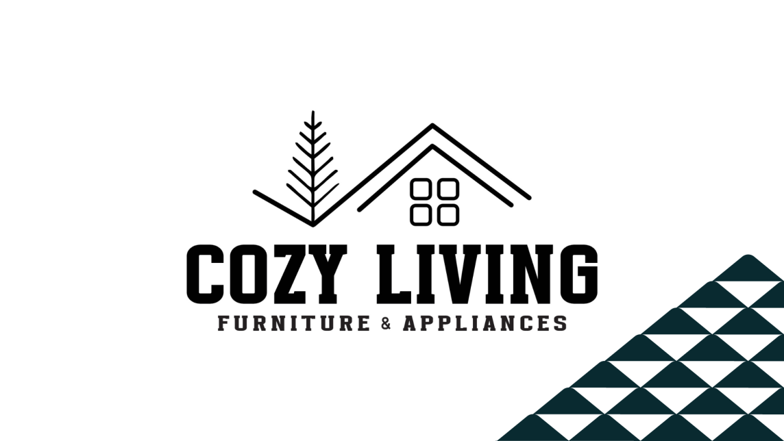 The Cozy Living Furniture & Appliances logo sits next to a soccer ball patterned mountain.