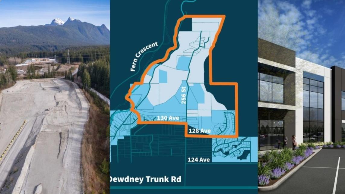 A collage showing three images; an aerial photo of the current 256 lands, a map of the lands, and an artistic rendering of an industrial building.