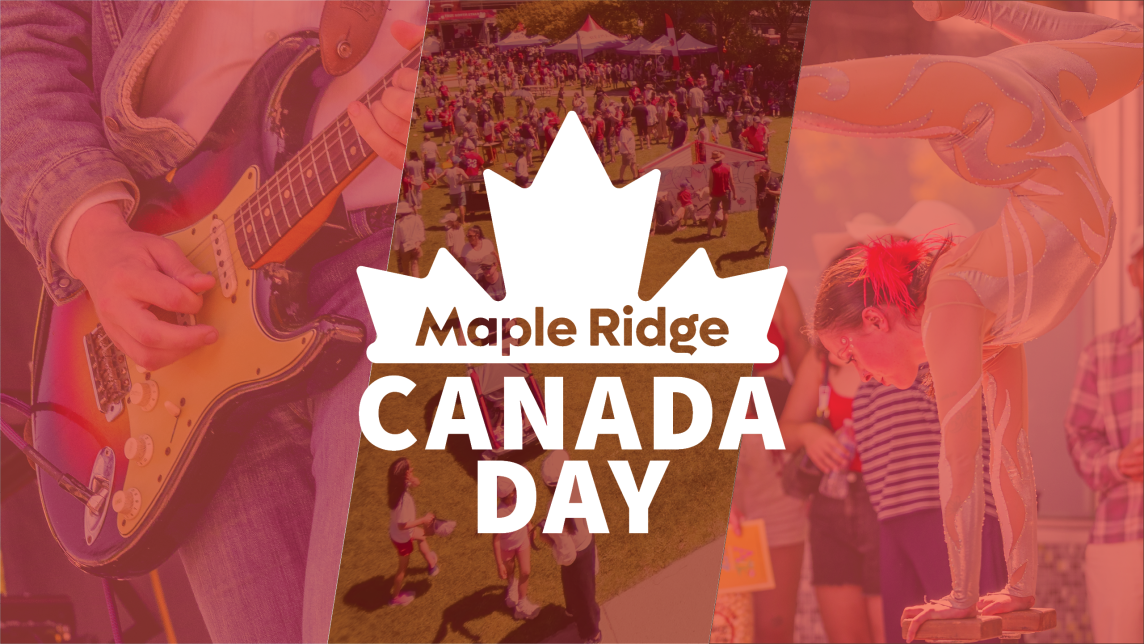 A white stylized maple leaf and text reading Maple Ridge Canada Day sit overtop a red-tinted collage showing a guitar, acrobat, and crowded park.