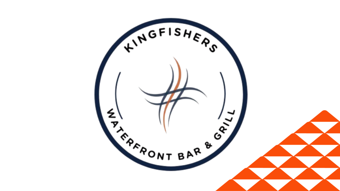 The Kingfishers Waterfront Bar & Grill logo sits next to a red soccer-ball patterned mountain.