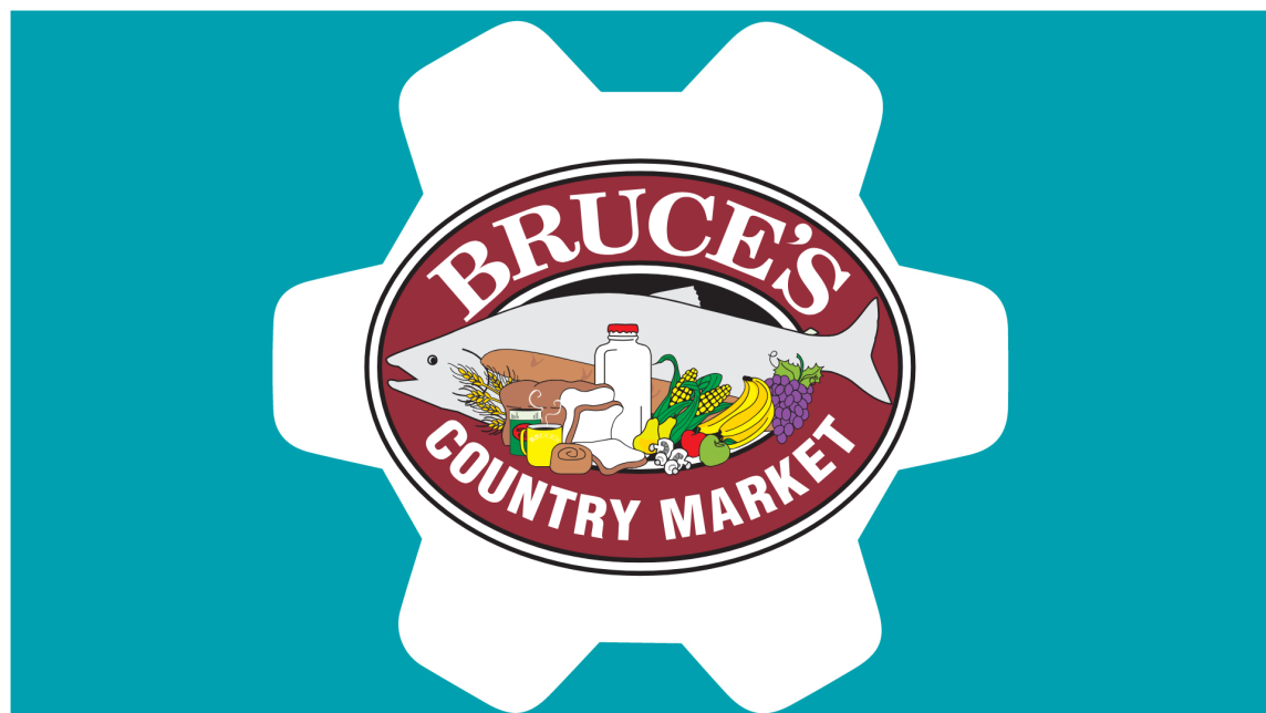 The Bruce's Country Market Logo sits in a white gear against a teal background.