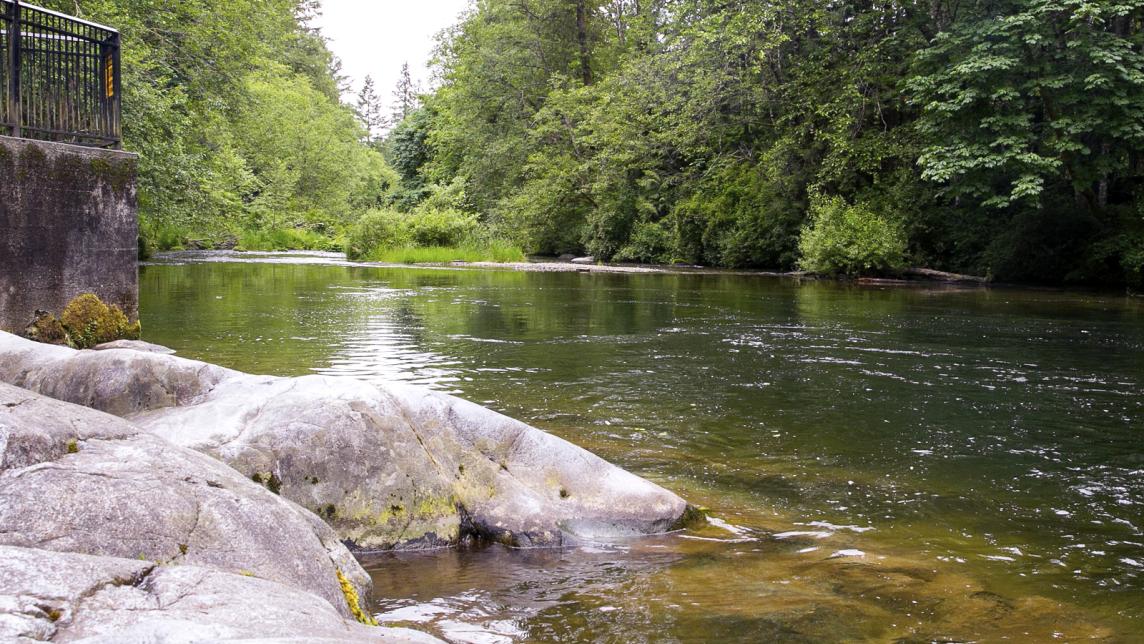 The waters of the South Alouette River have smoothed the solid rock shoreline of Davidson's Pool.