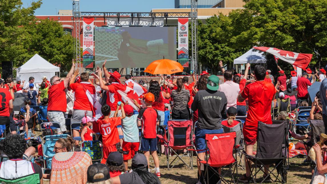 Crowd Watching the Big Screen at a Game On Viewing Party