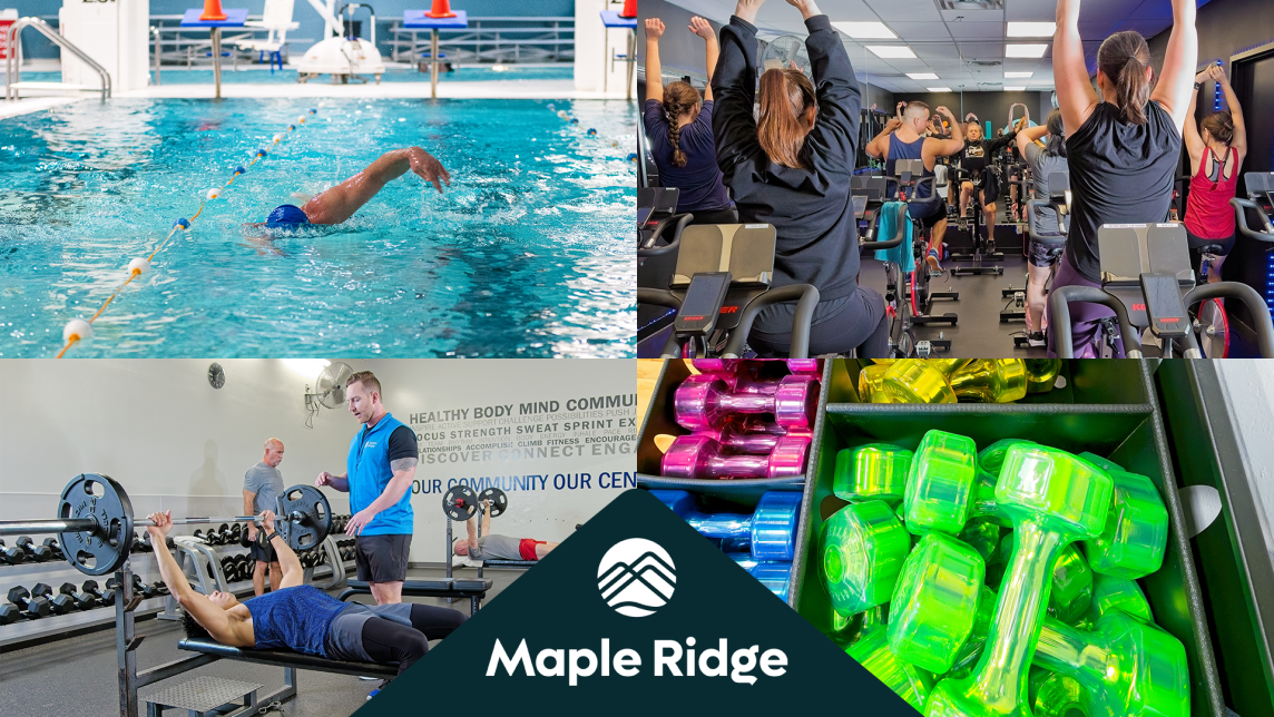 A collage showing a person swimming, a spin class, exercise area, and fitness equipment at the Maple Ridge Leisure Centre.