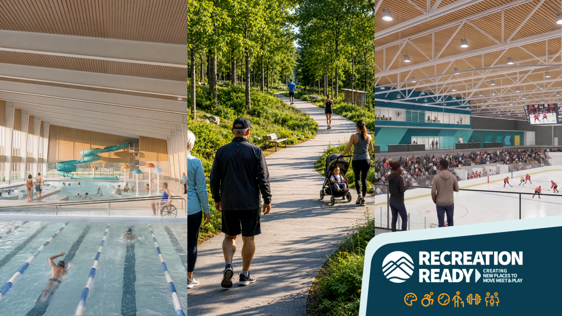 A collage showing artist renditions of the proposed aquatics facility, park, and ice rink.