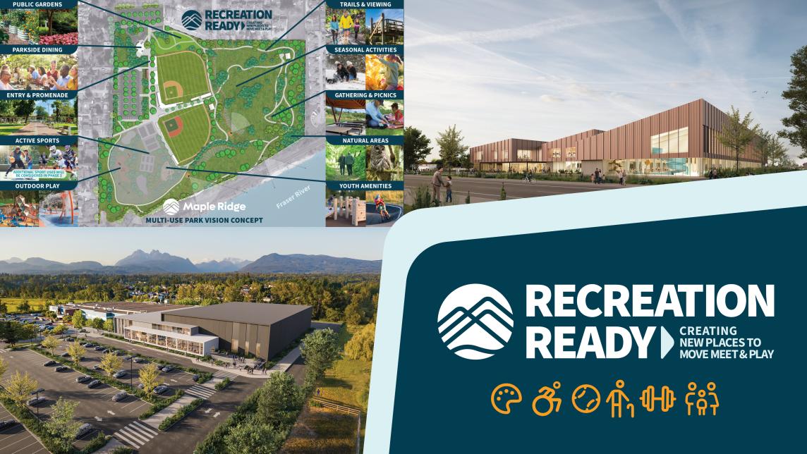 A collage showing a map and two artist renderings of various planned recreation facilities and parkland.