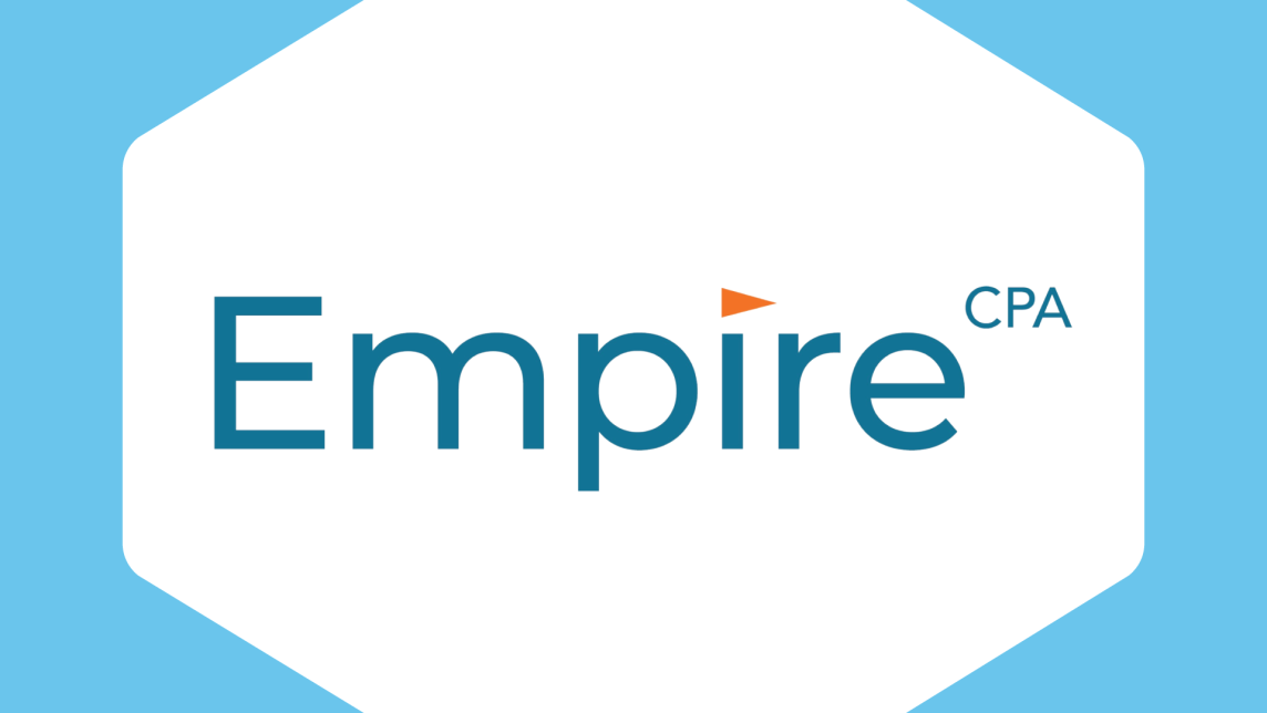The Empire Chartered Professional Accountants Logo inside a white hexgon against a bright blue background.