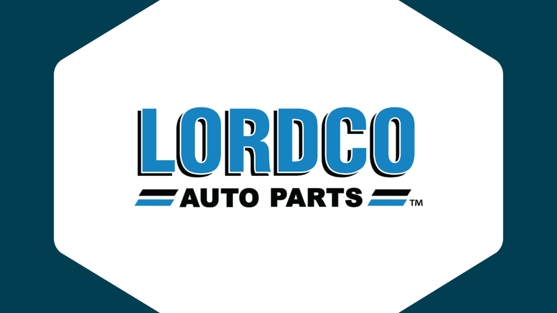 The Lordco Auto Parts Logo inside a white hexagon against a dark blue background.
