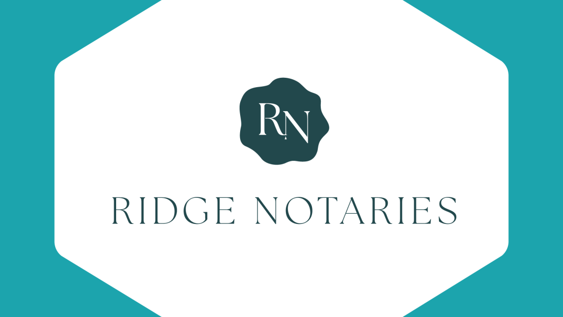 The Ridge Notaries Logo inside a white hexagon against a teal background.