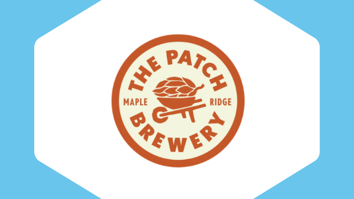 The Patch Brewery's logo in a white hexagon against a bright blue background.