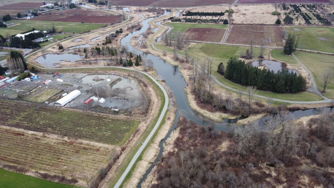 An aerial view of part of McKenney Creek surrounded by farmland