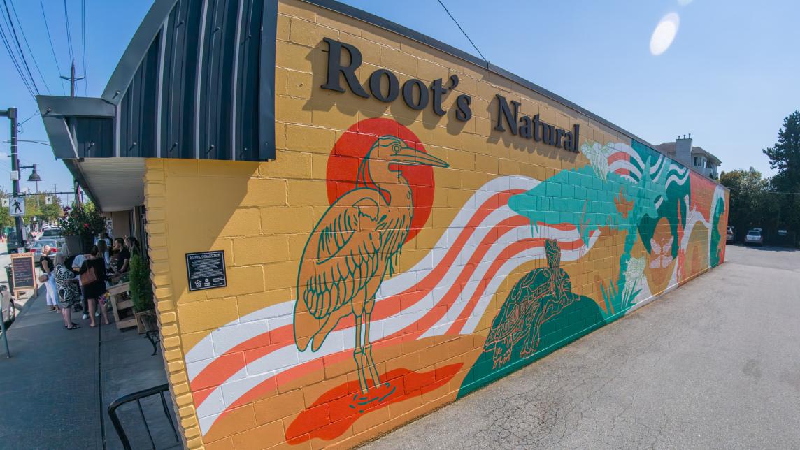 Another angle of the mural, showcasing the heron design and view from Dewdney Trunk Road.