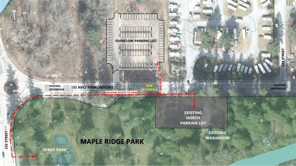 Plan showing new overflow parking in relationship to maple ridge park with pedestrian access route shown.