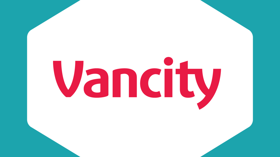 The Vancity logo inside a white hexagon against a teal background.