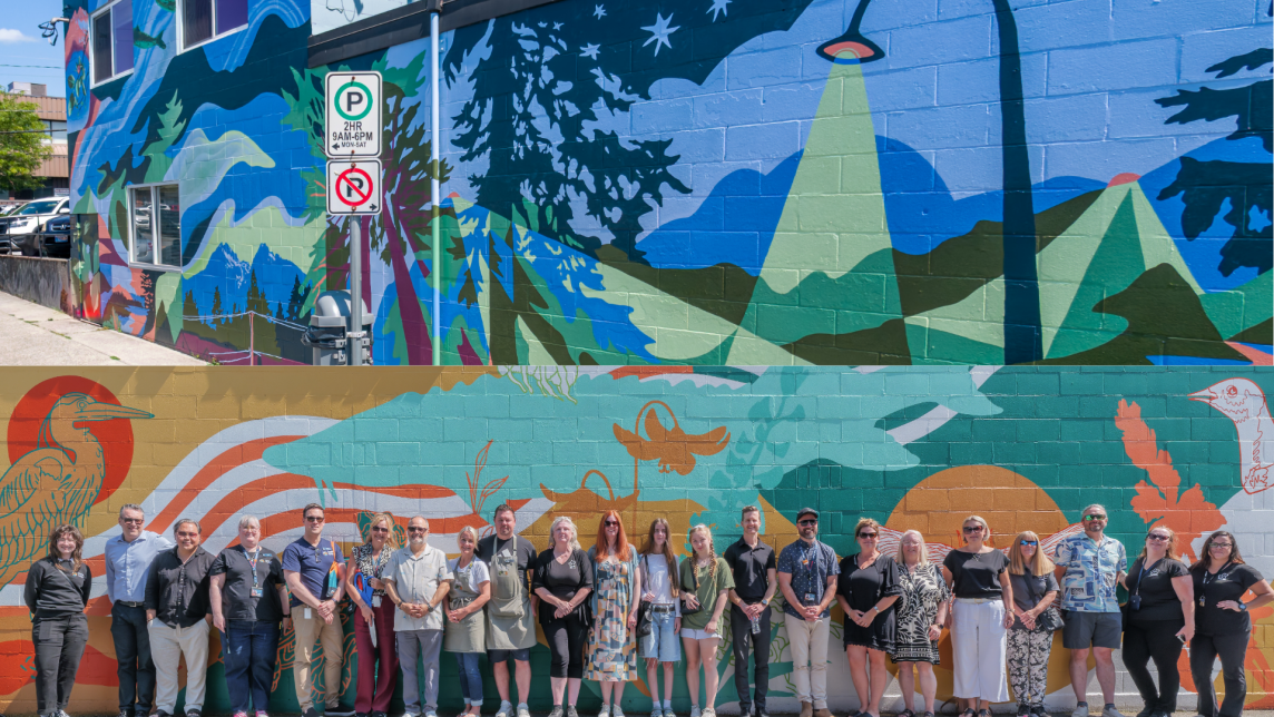 A collage depicting two murals from the Mural Collective collaboration from the City of Maple Ridge and the Downtown Maple Ridge Business Improvement Association.