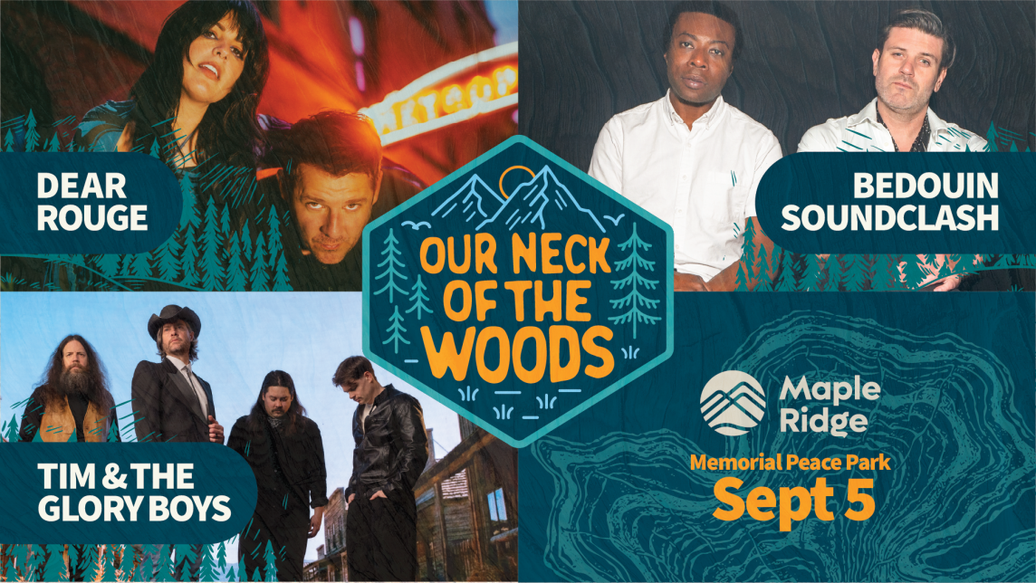A collage showing the bands Dear Rouge, Bedouin Soundclash, The Bros. Landreth and a note that Our Neck of the Woods 2026 will occur in Memorial Peace Park September 5. 