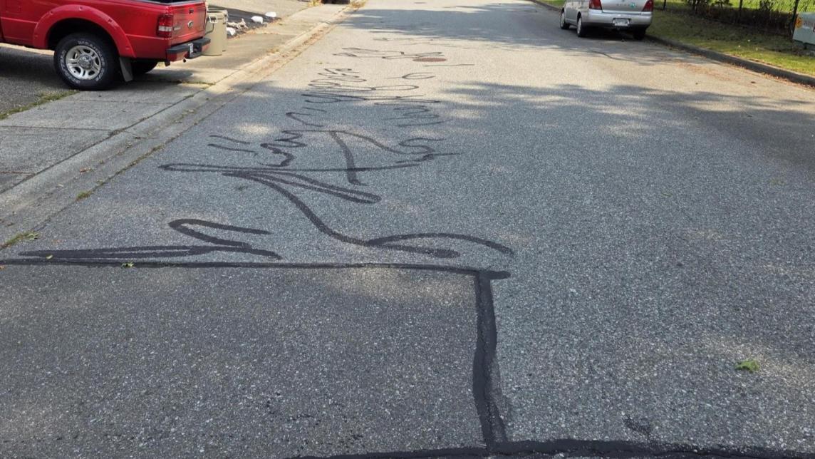 A residential road with sealed cracks