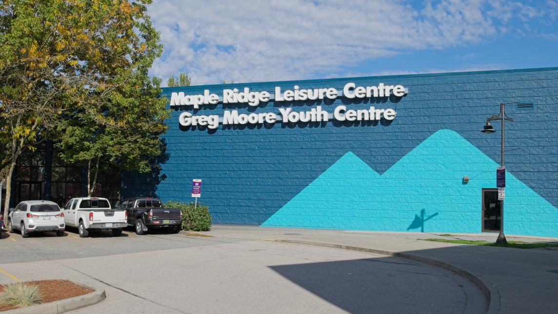 The exterior wall of the Maple Ridge Leisure Centre and Greg Moore Youth Centre, showing a mountain detailing in two shades of blue.