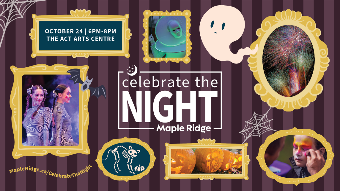 The words Celebrate the Night Maple Ridge sit in the centre of a series of a stylized graphic picture frames containing photos from a previous event.