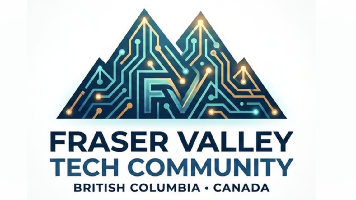 The logo for the Fraser Valley Tech Community of British Columbia, Canada, depicting mountains with a circuitry pattern and stylized letters F and V.