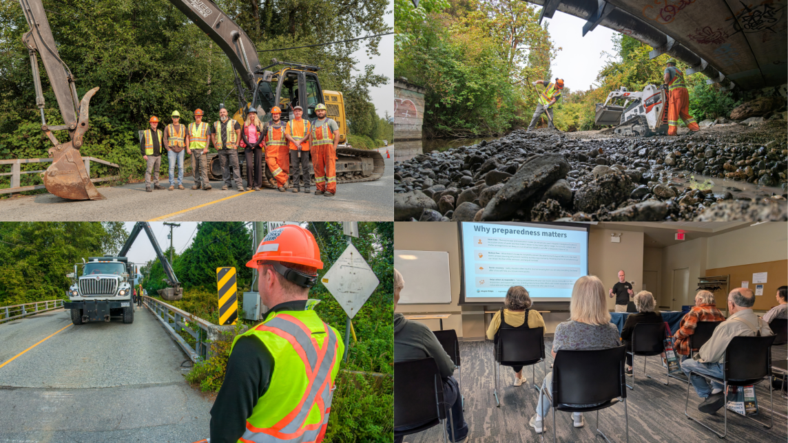 A showing City staff working with heavy machinery to prepare a dry riverbed for fall rains/flooding, and presenting a emergency preparedness workshop.