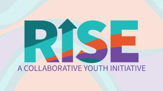Brightly multi-coloured text on an abstract background proclaims "Rise A Collaborative Youth Initiative".