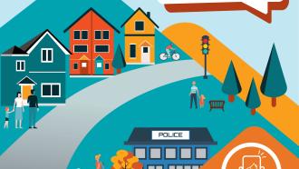 A stylized graphic depicting houses on one side of the street, and a police station on the other. Below is white text on an orange background proclaiming "News Release 2024 Budget Invests in Housing, Safety and More to Support Residents Today and Tomorrow"