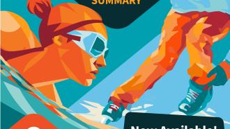 A stylized graphic depicting a woman swimming, and a person ice skating. Overtop on a black background white text proclaims "Your Place to Move, Meet and Play! Phase 1 Engagement Summary".