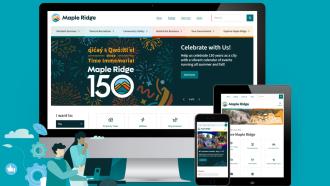 A computer with an image of Maple Ridge's new website homepage underneath text stating new user-friendly and responsive website