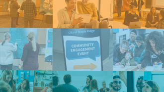 A collage of nine photos showing people discussing and participating in community engagement.