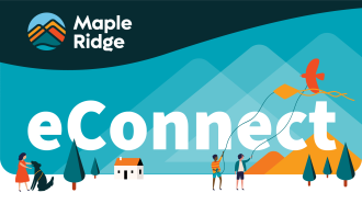 The word "eConnect" stands out in white text against a graphic showing mountains, people flying kites and the Maple Ridge logo.
