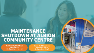 Staff and Customer at Front Desk at Albion Community Centre with Messaging about the Facility Closure