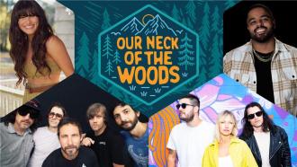 A collage showing the 2025 artists, Sam Roberts Band, Jojo Mason, Hey Ocean and Danielle Ryan, surrounding the Our Neck of the Woods logo.