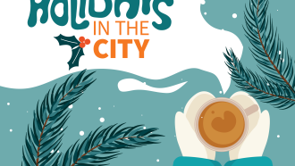 Illustration of Hands Around a Mug with Steam and Words "Holidays in the City"