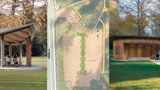 A set of three images showcasing visualizations for the planned improvement to Maple Ridge Park, such as a large sheltered area and new parking lot.