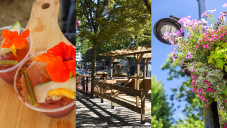 A collage of drinks on a cutting board, a streetside patio with wooden railings and flowers on a street lamp.