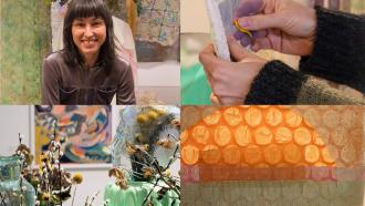 A collage of four pictures showcasing the Reappraisal gallery; one depicts the artist, Katherine Duclos, while the other three are close ups of the gallery pieces including human-made flowers, painted bubble warp and fabric pieces.