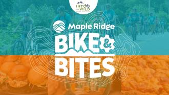 White text saying "Bike & Bites" sits overtop of a collage where the top half is blue, featuring active bikers, while the bottom is orange featuring food and dining.