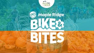 White text saying "Bike & Bites" sits overtop of a collage where the top half is blue, featuring active bikers, while the bottom is orange featuring food and dining.