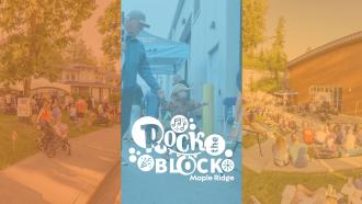 A white Rock the Block logo sits on top of three colour-tinted photos showcasing a park party, the Albion Community Centre, and the Public Works Operations Yard.