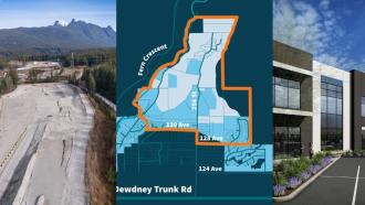 A collage showing three images; an aerial photo of the current 256 lands, a map of the lands, and an artistic rendering of an industrial building.